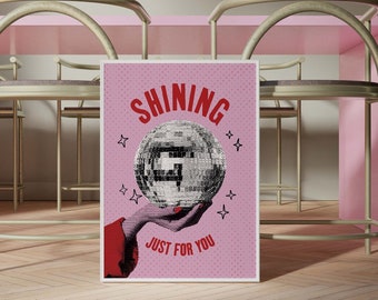 Shining Just For You Disco Ball Red Pink Poster, Preppy Girly Dorm Print, Mirrorball Girlies Bow Decor, Retro Vintage Trendy 70s Wall Art