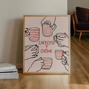 Canecas com estampa de café e chisme, pôster para festa da hora do chá, bebidas elegantes rosa e vermelho, placa para cafeteria, cozinha de café, ideia de presente para noite das meninas