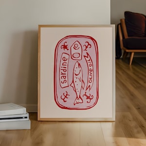 Sardine Can Red Pink Preppy Print, Trendy Kitchen Food Poster, Retro Wall Art, Seafood Cute Fish Decor, Eclectic Girly Dopamine Decoration