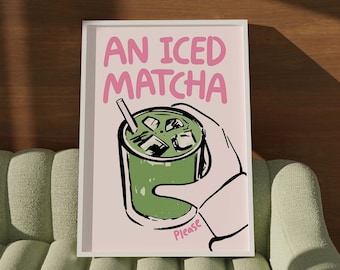Poster Matcha Latte glacé, impression café vert rose, décoration murale pour dortoir de café, idées cadeaux barista, enseigne d'angle Coffeebar, ambiance artistique de cuisine d'été