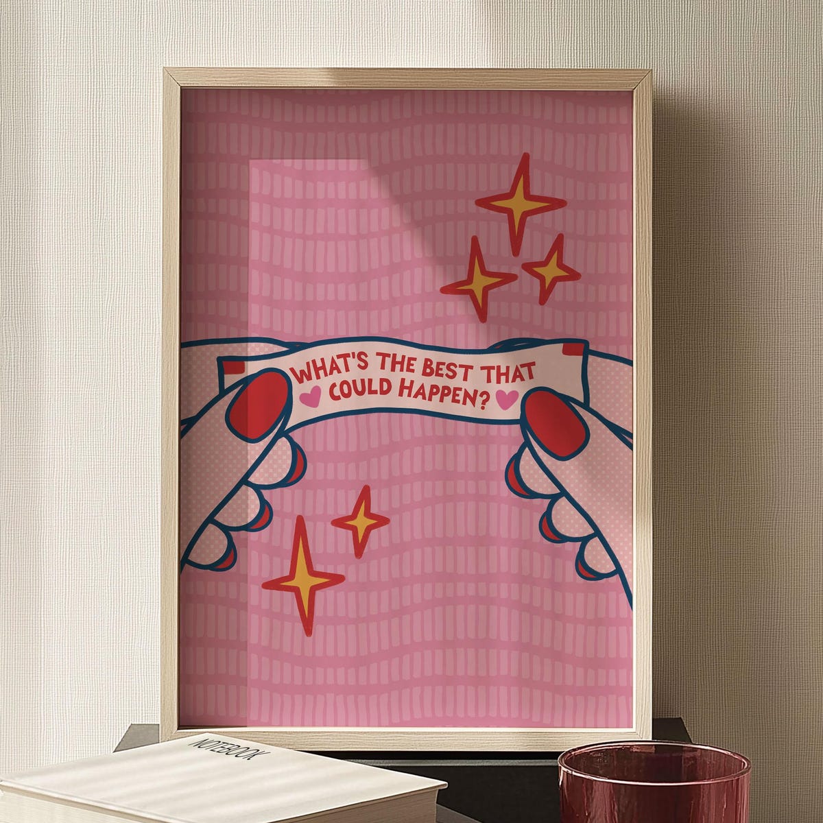 What's The Best That Could Happen Print, Retro Pink Red Poster, Motivational Inspo Quote, Positive Mindset Wall Art, Fortune Cookie Decor