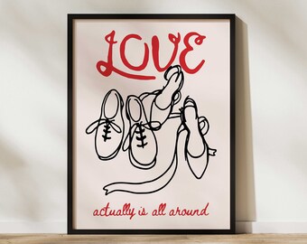 El amor está en todas partes: dos zapatos, impresión preppy en rojo y rosa, póster decorativo femenino de moda, letrero de pared retro, ideas de regalo para parejas y amantes.