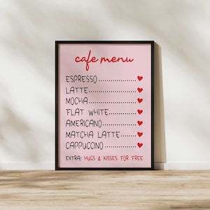 Café Menu Impressão formal, Espresso Matcha Latte Cappuccino Americano Mocha Flat White Girly Sign Poster Tipografia Trendy Retro Wall Art Decor