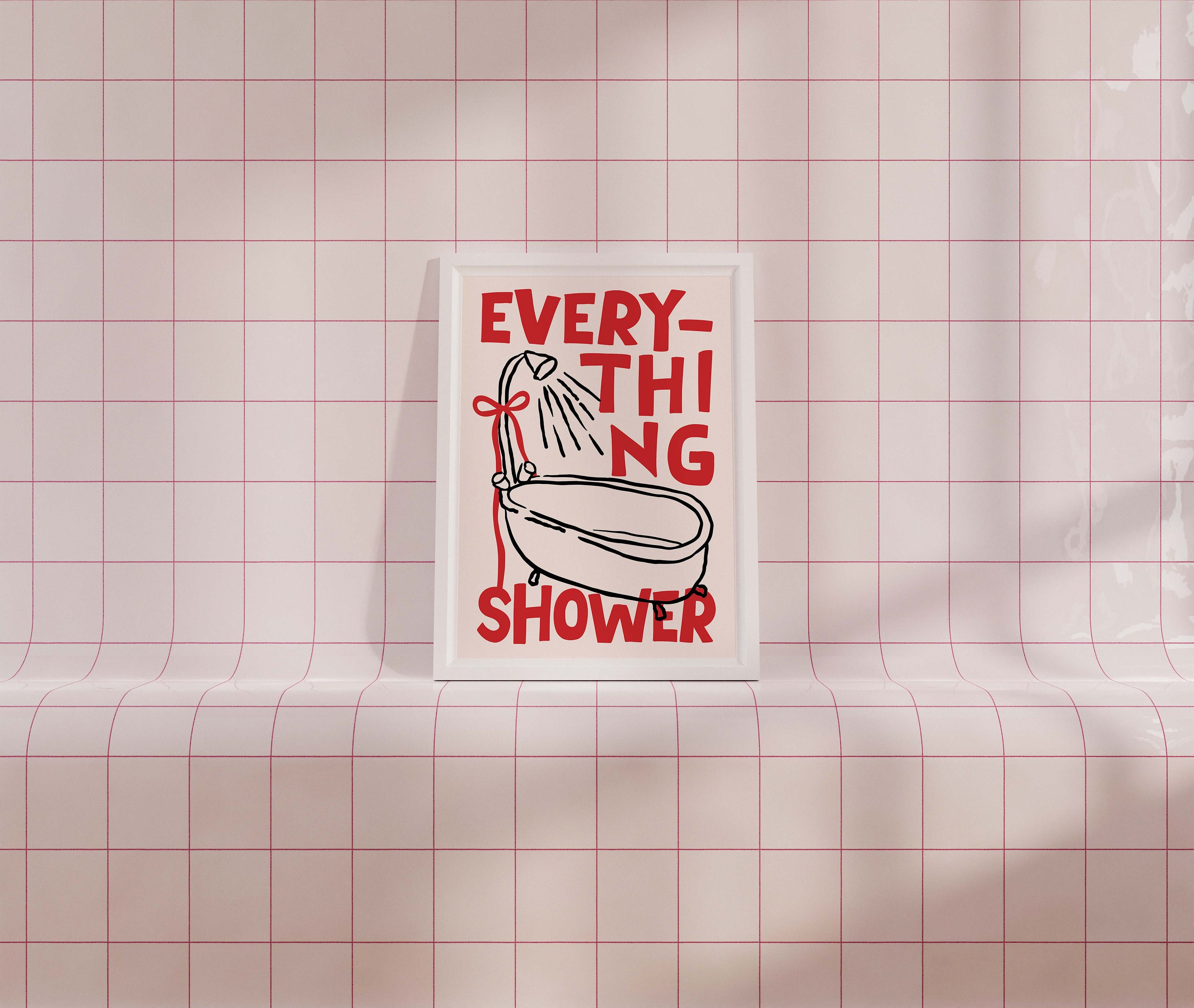 Coquette Everything Shower Print, Red Pink Bows Typography Doodles ...