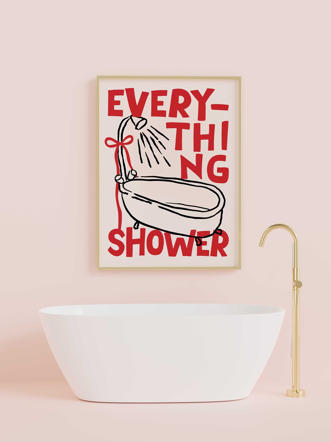 Coquette Everything Shower Print, Red Pink Bows Typography Doodles ...