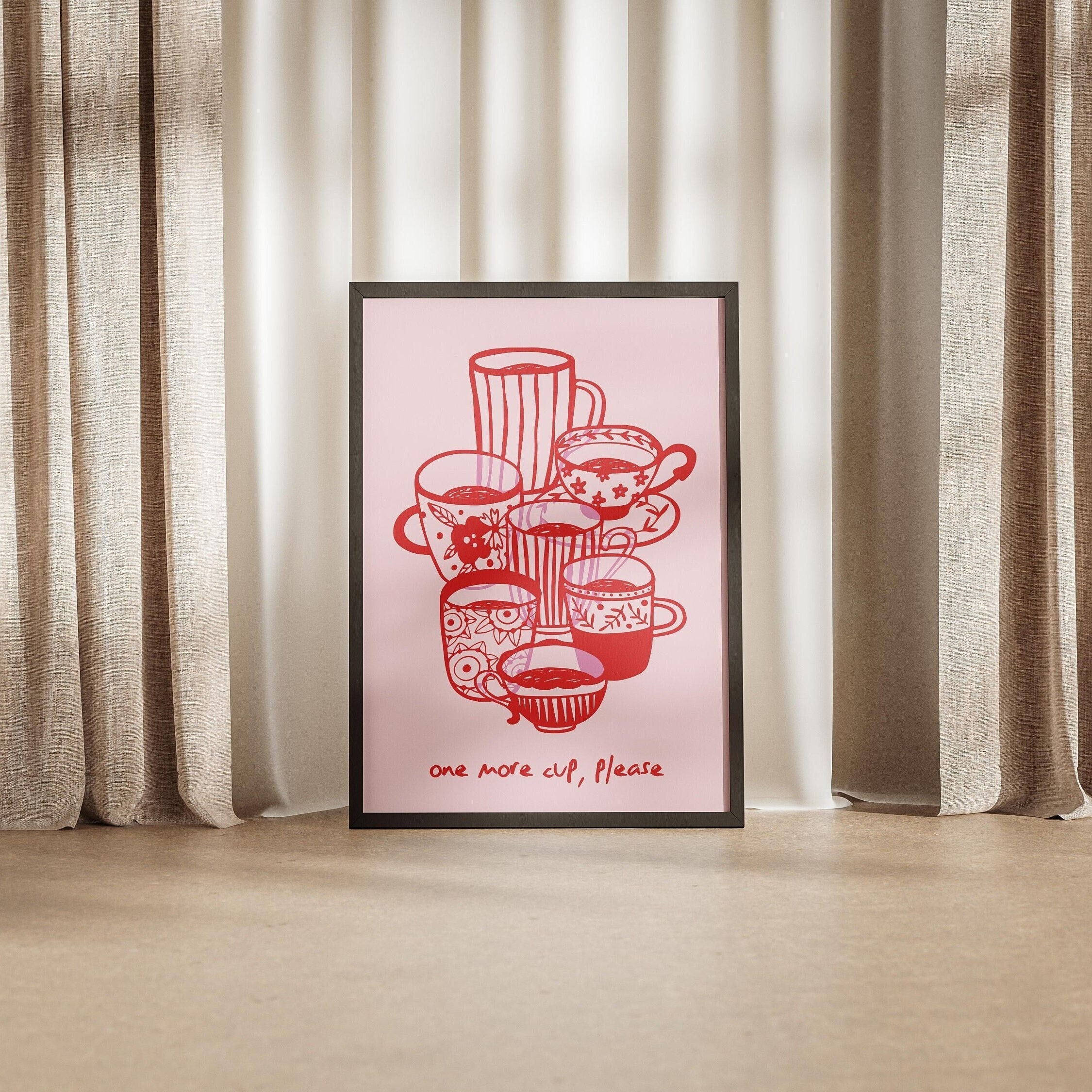 Another Coffee Cup Please Mugs Pattern Print, Tea Time Party Poster, Pink Red Drinks CoffeeBar Sign, Cafe Kitchen Galentine's Day Gift Ideas