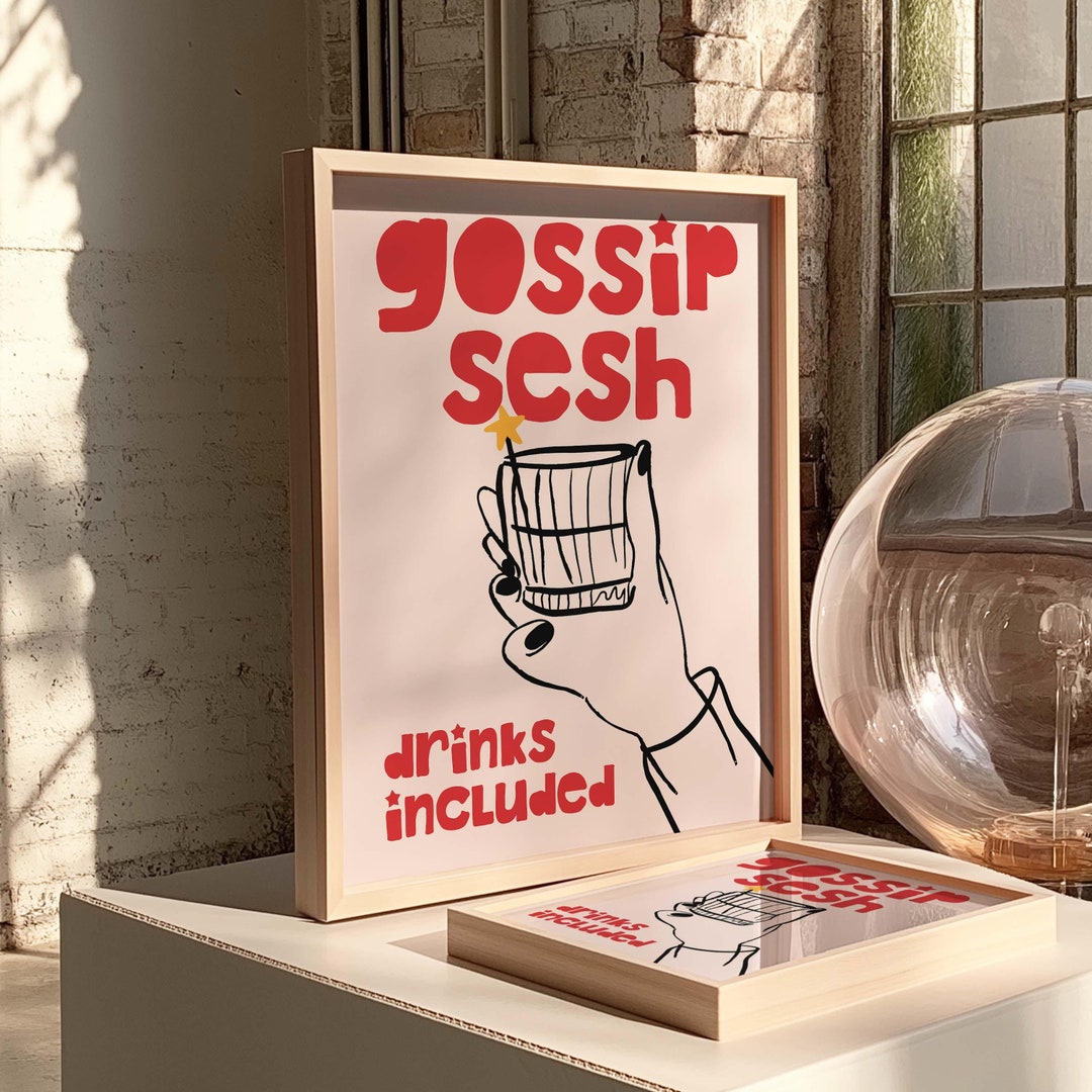 Gossip Sesh With Drinks Print, Kitchen Drinking Bar Poster, Eclectic