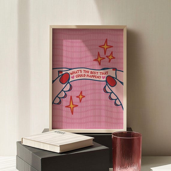 What's The Best That Could Happen Print, Retro Pink Red Poster, Motivational Inspo Quote, Positive Mindset Wall Art, Fortune Cookie Decor