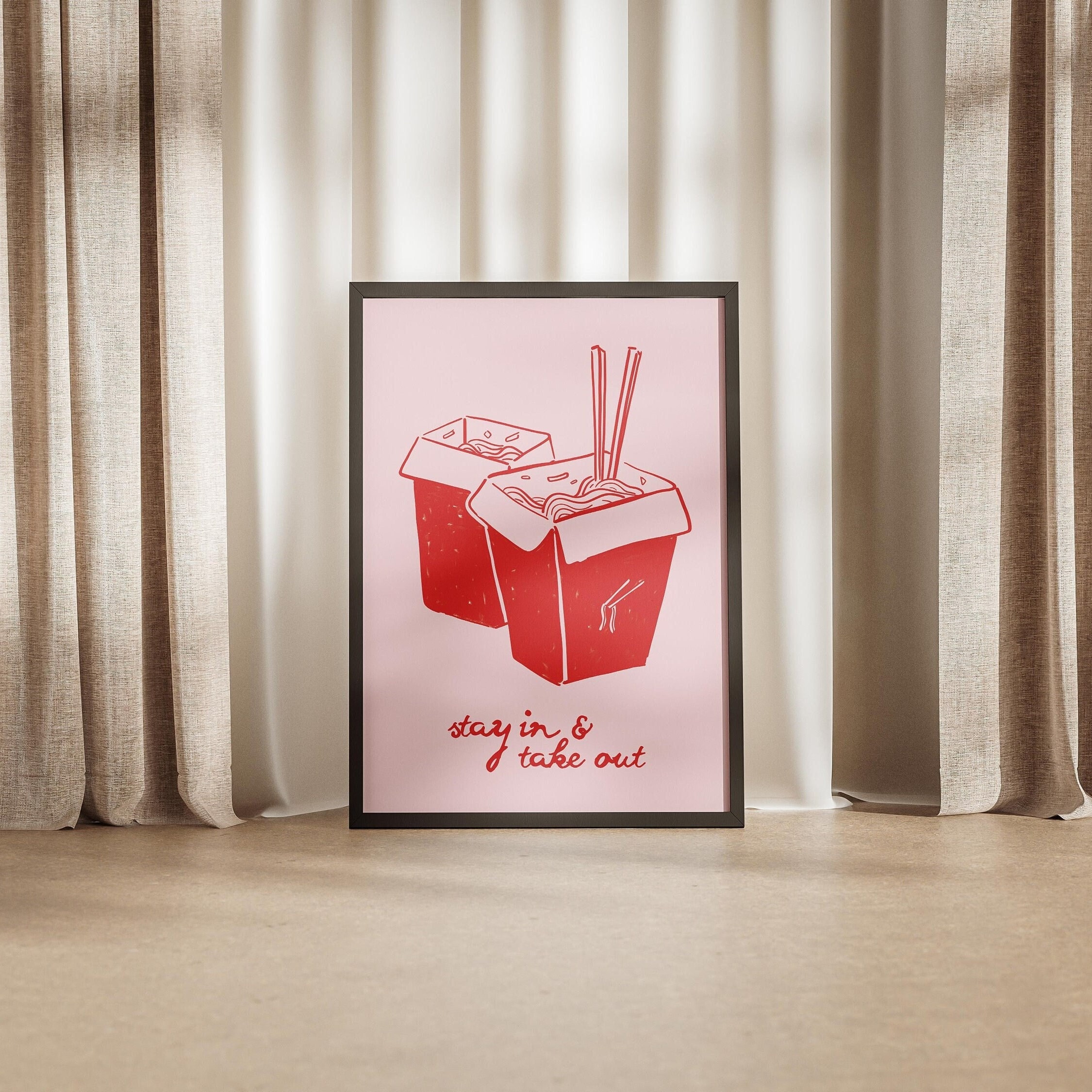Stay in & Take Out Noodles Takeaway Box Print, Girl Dinner Poster, Asian Kitchen Food Doodles Wall Art Pink Red Preppy Noods Minimal Takeout