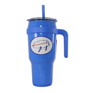 May include: A blue insulated tumbler with a handle and a straw. The tumbler features a white oval with a buffalo logo in the center. The lid is clear, and the straw is blue.