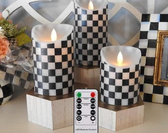 Set of Three Black  and White Checkered Courtly Design Flickering Moving Flame LED Wax Coated Battery Operated Candle Set with Timer Remote