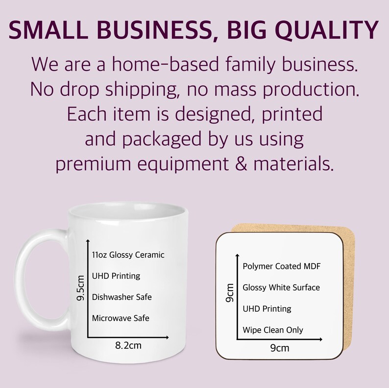 Small business quality infographic showing a white 11oz ceramic mug and 9cm square coaster. Home-based family business with no dropshipping or mass production. Premium UHD printing, dishwasher and microwave safe mug, polymer-coated MDF coaster with glossy white surface.