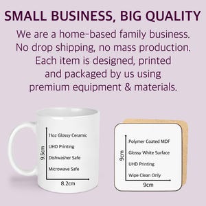 Small business quality infographic showing a white 11oz ceramic mug and 9cm square coaster. Home-based family business with no dropshipping or mass production. Premium UHD printing, dishwasher and microwave safe mug, polymer-coated MDF coaster with glossy white surface.