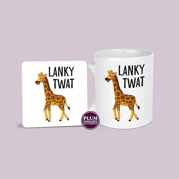 Taza y posavasos de "Larky Twat" - Chiste de jirafa para personas altas - Taza con groserías - Vaso de 325 ml