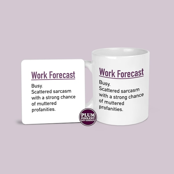Taza y posavasos con pronóstico laboral: regalos divertidos y humorísticos para la oficina
