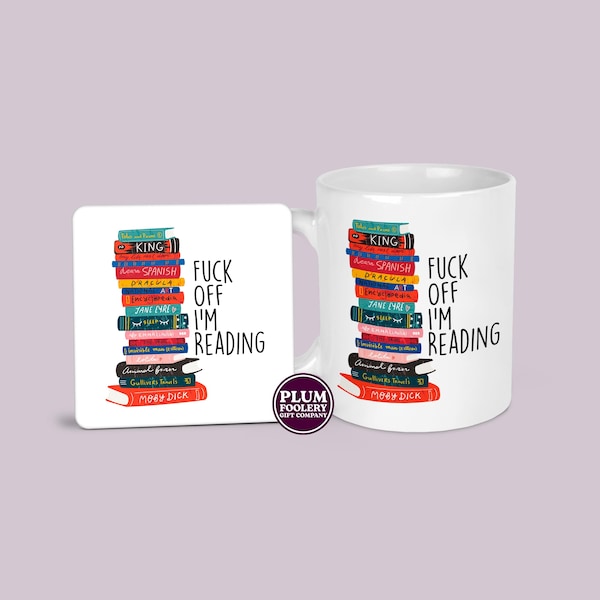 Taza y posavasos "F*ck Off I'm Reading": un divertido regalo con groserías para lectores de novelas y ratones de biblioteca.