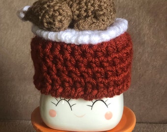 Crocheted Marshmallow Mug Hat-Turkey On A Platter