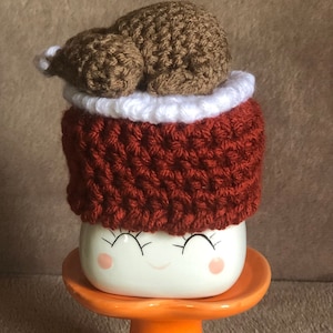 Crocheted Marshmallow Mug Hat-Turkey On A Platter