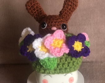 Crocheted Marshmallow Mug Hat, “Bunny With Flowers”