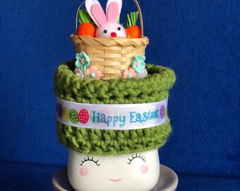 Crocheted Marshmallow Mug Hat-Bunny In A Basket With Carrots