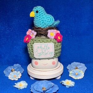 Crocheted Marshmallow Mug Hat-  “Spring Is Here” Bird /Nest