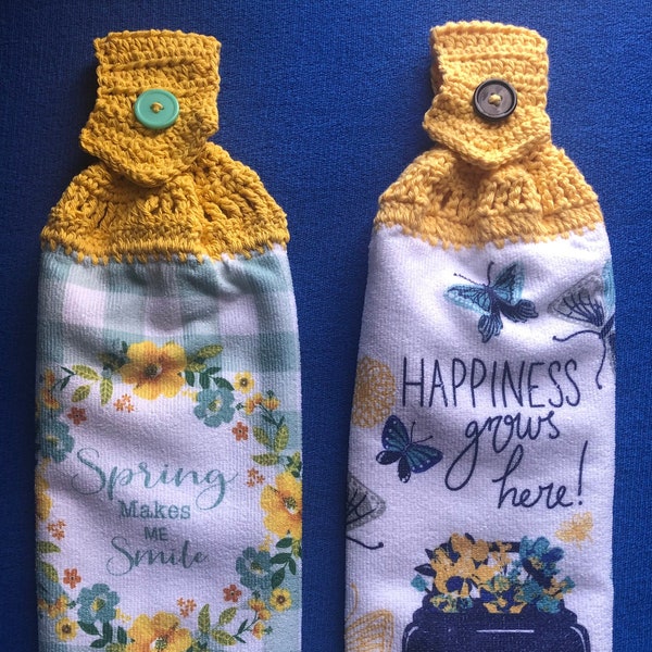 Kitchen Towels, With Crocheted Top/Button, Spring Hanging Dish Towels