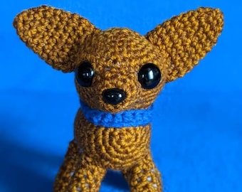 Crocheted Dog, Golden Heather Colored Chihuahua, Male Named Peanut With A Crocheted Blue Ball