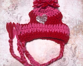 Crocheted Beanie Hat For Dogs: “Red/Pink With Heart” And Pom
