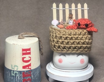 Crocheted Marshmallow Mug Hat- “ Seashore” Beach with Crab, Seashells and Message in a Bottle