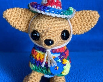 Crocheted Dog Named Tito, With A Sombrero And A Serape/Poncho