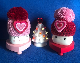 Crocheted Marshmallow Mug Hats- With Poms, "Valentines"