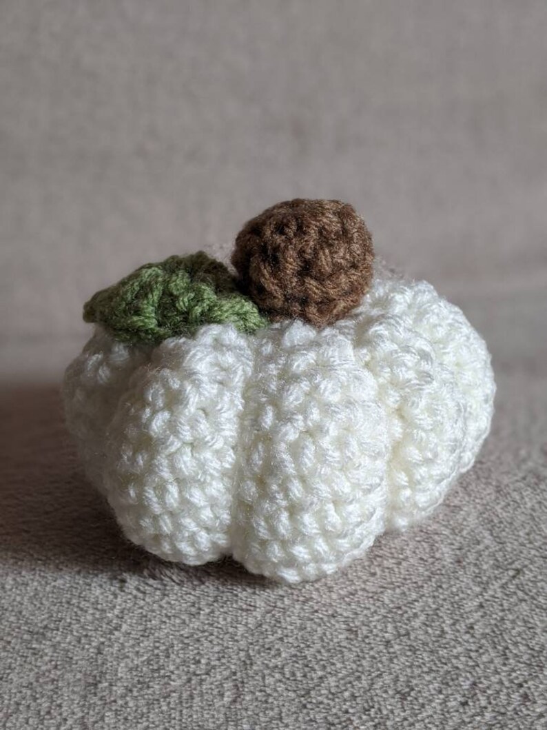 May include: A white crocheted pumpkin with a brown crocheted stem and a green crocheted leaf.