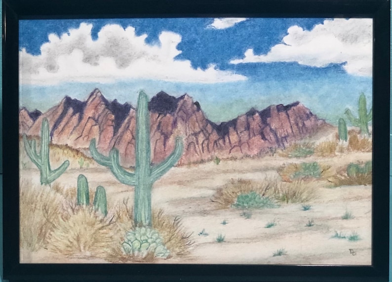 May include: A watercolor painting of a desert landscape with mountains in the background, a blue sky with white clouds, and several cacti in the foreground.