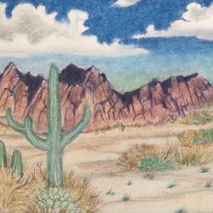 May include: A hand-drawn illustration of a desert landscape with mountains in the background and several cacti in the foreground. The sky is blue with a single white cloud. The mountains are a mix of purple and brown, and the cacti are green.