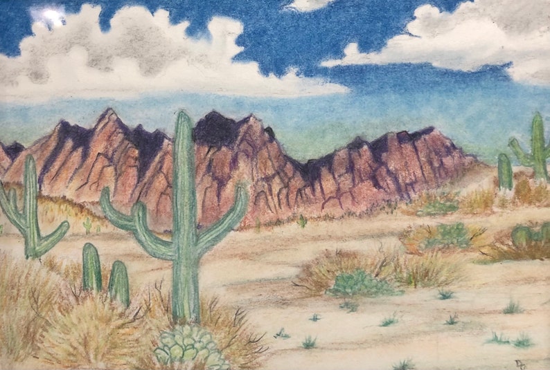 May include: A hand-drawn illustration of a desert landscape with mountains in the background and several cacti in the foreground. The sky is blue with a single white cloud. The mountains are a mix of purple and brown, and the cacti are green.
