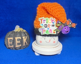 Crocheted Marshmallow Mug Hat-“Trick/Treat Pumpkin Bell Beanie Hat