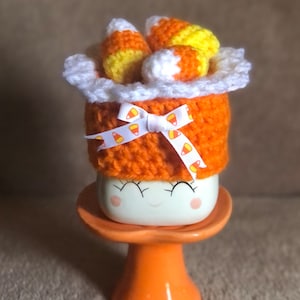Crocheted Marshmallow Mug Hat-Candy Corn In A Dish
