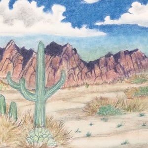 May include: A watercolor painting of a desert landscape with mountains in the background and cacti in the foreground. The sky is blue with white clouds.
