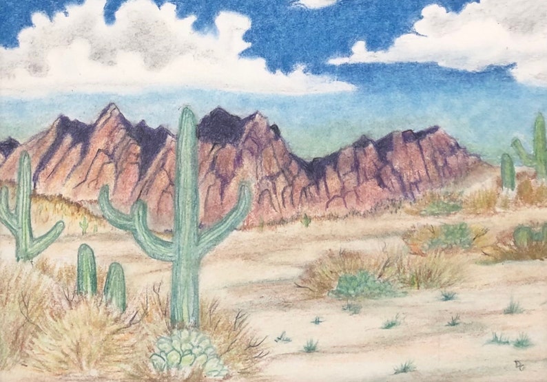 May include: A watercolor painting of a desert landscape with mountains in the background and cacti in the foreground. The sky is blue with white clouds.