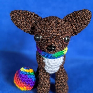 Crocheted Brindle Colored Chihuahua Named Pablo, With A Festive Colored Ball And Collar