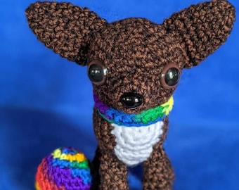 Crocheted Brindle Colored Chihuahua Named Pablo, With A Festive Colored Ball And Collar