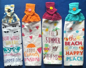 May include: Four white kitchen towels with summer themed designs and crocheted loops. The designs include sunglasses, watermelon, pineapples, and beach balls. The text on the towels reads "Boat Waves Sun Rays", "Food Friends Sunshine", "The Summer of My Dreams", and "The Beach is my Happy Place".