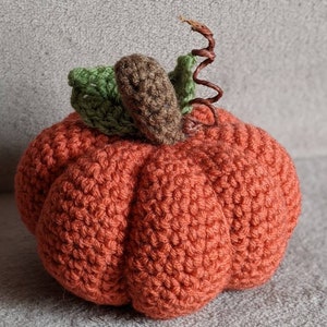 May include: A crocheted orange pumpkin with a brown stem and green leaves.