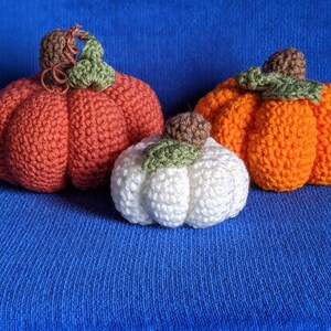 May include: Three crocheted pumpkins in different sizes and colors. The largest pumpkin is orange, the medium pumpkin is red, and the smallest pumpkin is white.