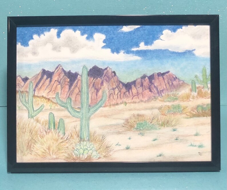May include: A watercolor painting of a desert landscape with mountains in the background and cacti in the foreground. The sky is blue with white clouds. The mountains are a reddish-brown color and the cacti are green.