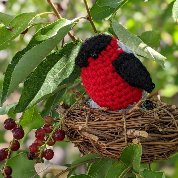 Crocheted Bird- Bull Finch, Red, Black, And Gray