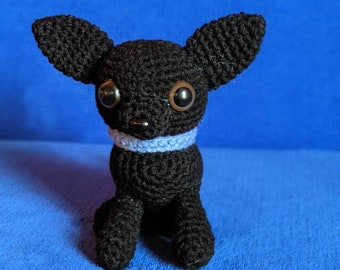Crocheted Dog, Black Colored Chihuahua Named Alvin/With A Crocheted  Blue Ball