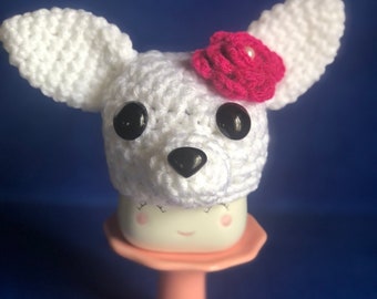 Crocheted Marshmallow Mug Hat~White Chihuahua With Crocheted Flower