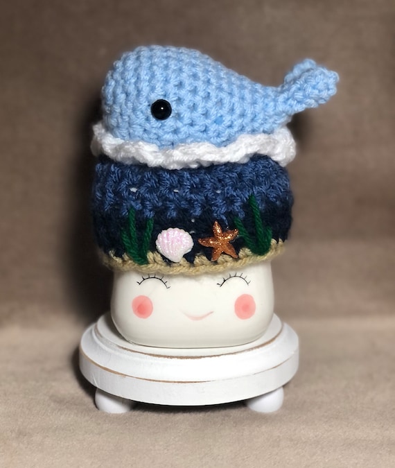 Crocheted Mug Hat-“whale in the Ocean Waves”