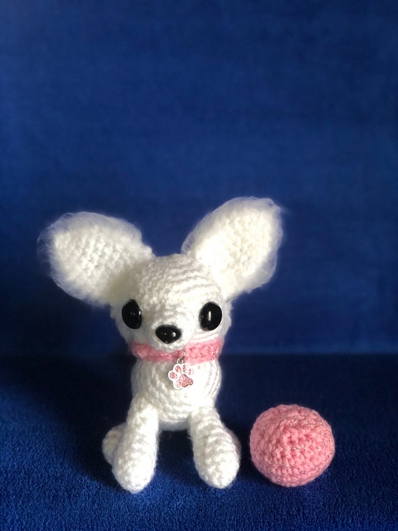 Crocheted Long Hair Chihuahua Named Zoe, With A Crocheted Pink  Collar/Pet Paw Glitter Colored Charm And a Crocheted Glitter Ball